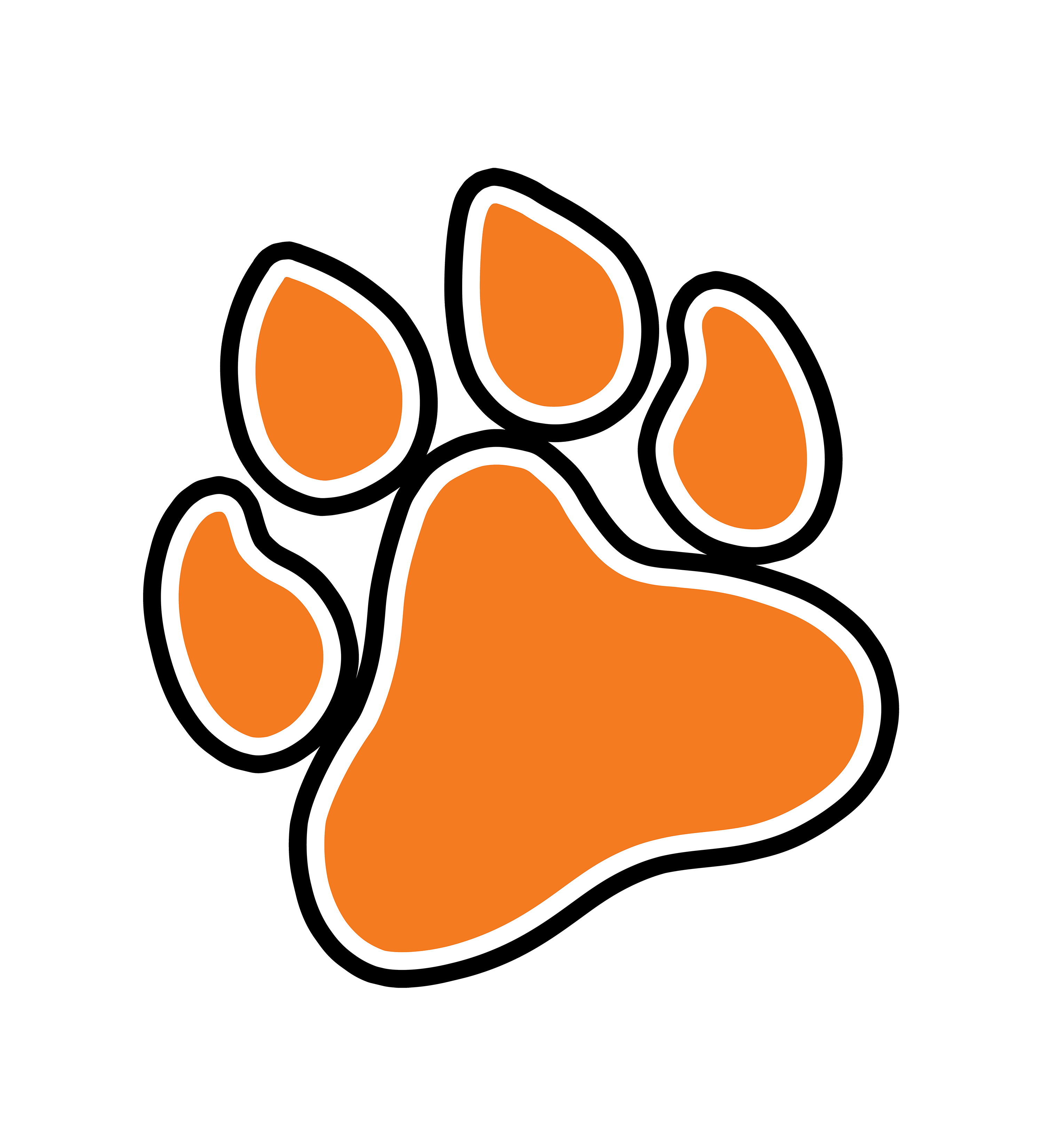 A simple graphic of an orange paw print with a white outline on a solid black background.